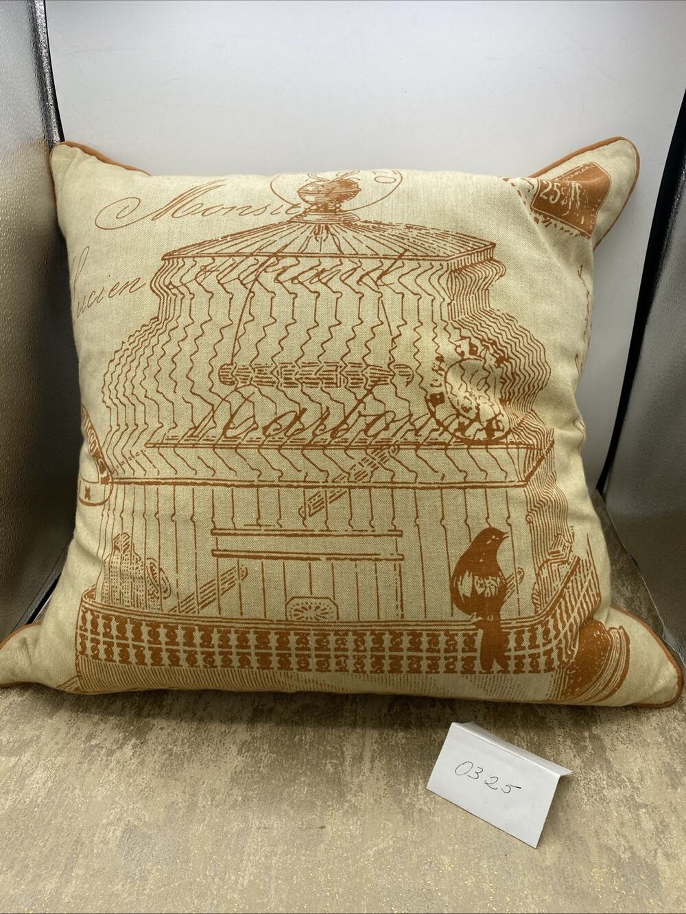 Newport Throw Pillow. Bird Cage Theme. Beige And Orange 20”Removable Case